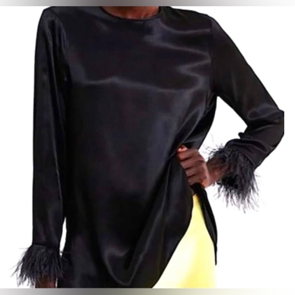 NWOT Zara satin long sleeve faux feathered cuff size XS